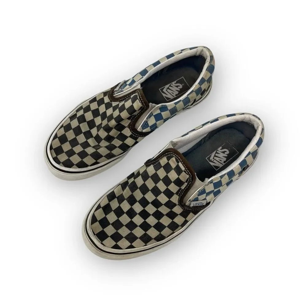 Vans Classic Checkerboard Blue Black White Slip On Shoes Kids Youth Size 3.5
